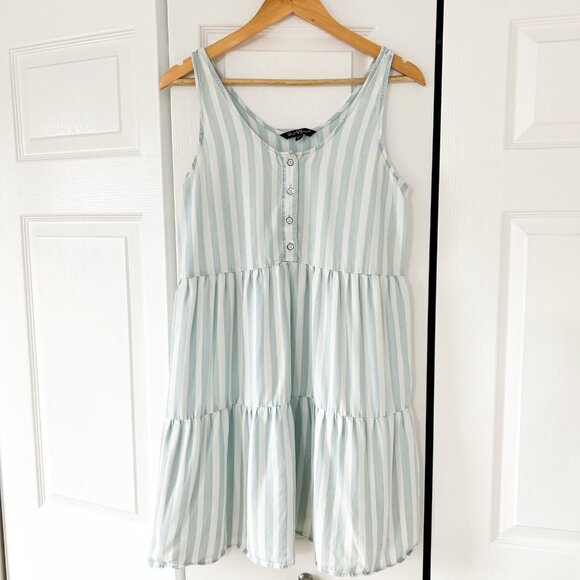 Velvet Heart Blue White Stripe Sleeveless Tiered Mini Dress Size Medium - Picture 1 of 5